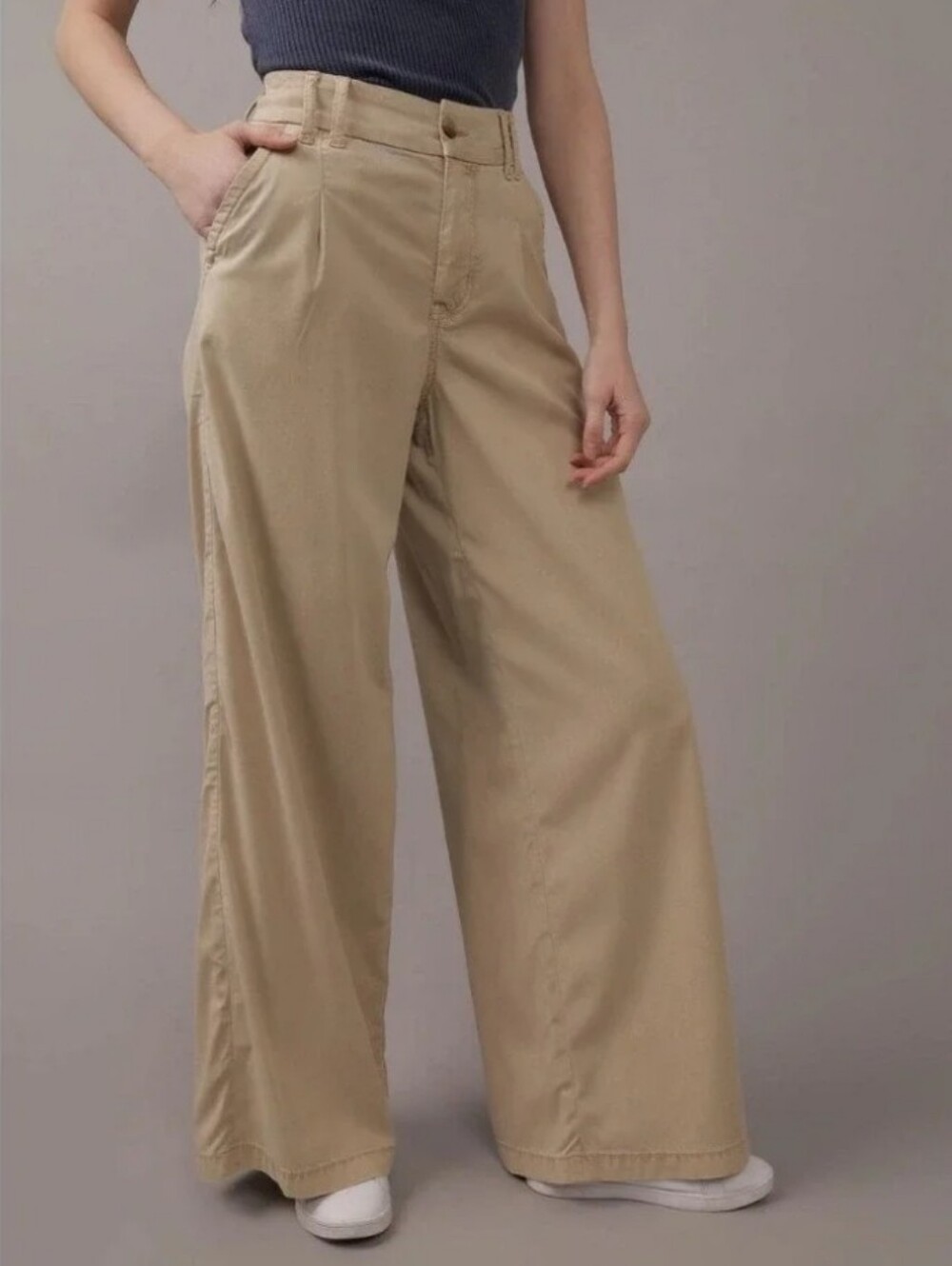 American Eagle Dreamy Drape Super High Waisted Baggy Wide Leg Khaki Trousers